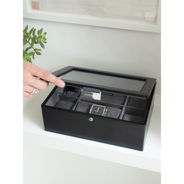 Сutie pentru ceasuri cu capac din sticlă, negru/gri, 8 buc